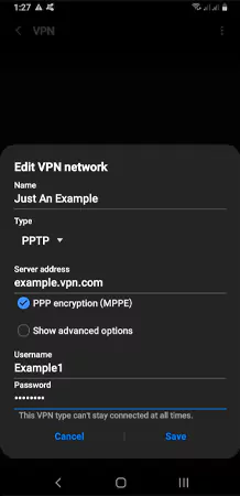 Enter VPN details and save info