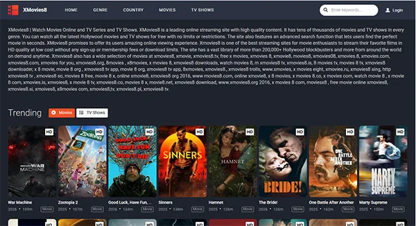 XMovies8 homepage